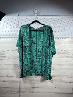 Soprano Green Black Abstract Print Chiffon Open Front Kimono Cardigan Large